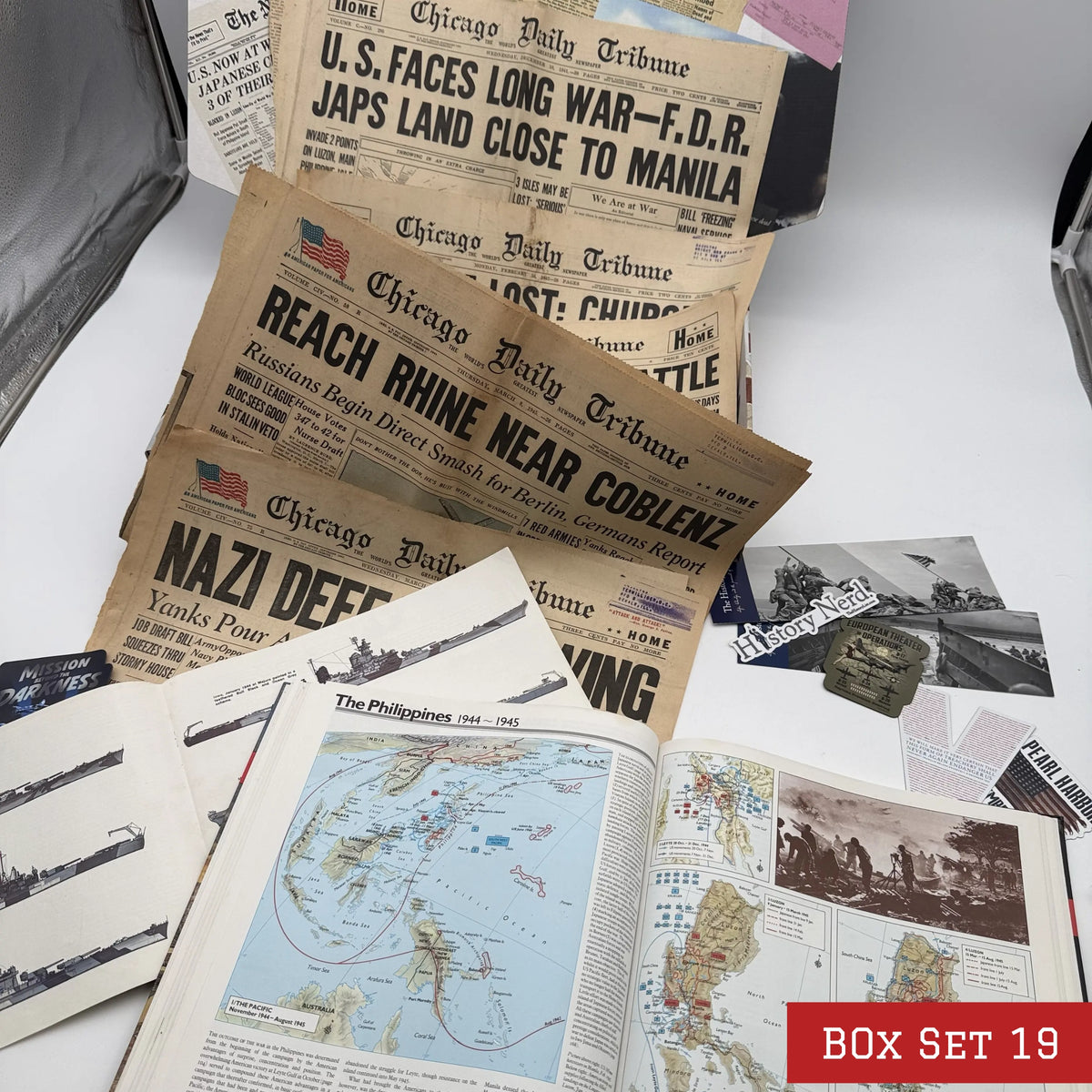 World War II History Box with Publications and Front Pages — Made in America