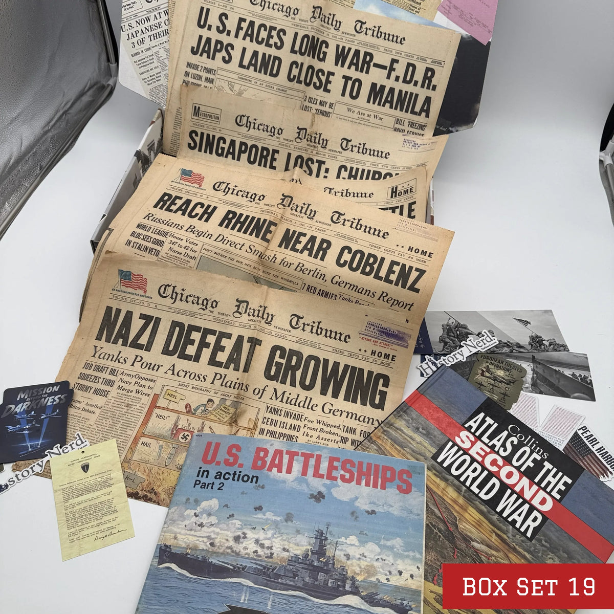 World War II History Box with Publications and Front Pages — Made in America