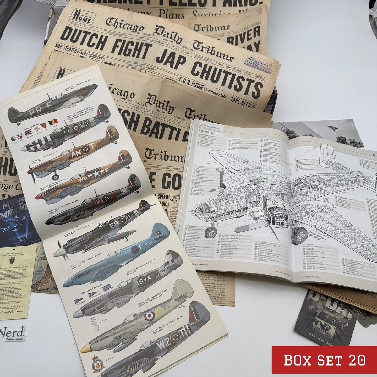 World War II History Box with Publications and Front Pages — Made in America