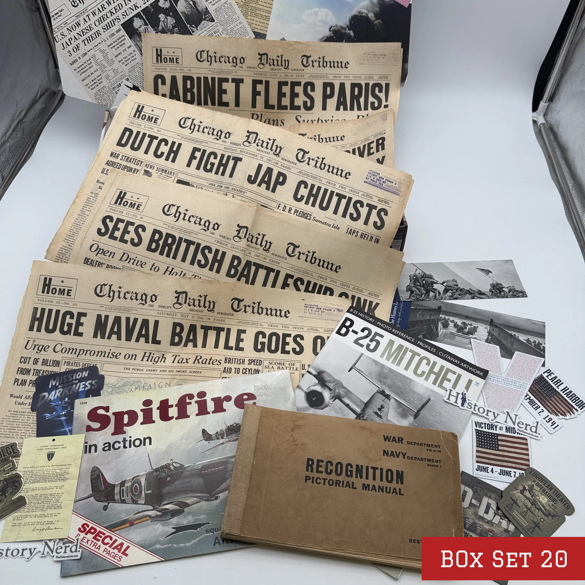 World War II History Box with Publications and Front Pages — Made in America