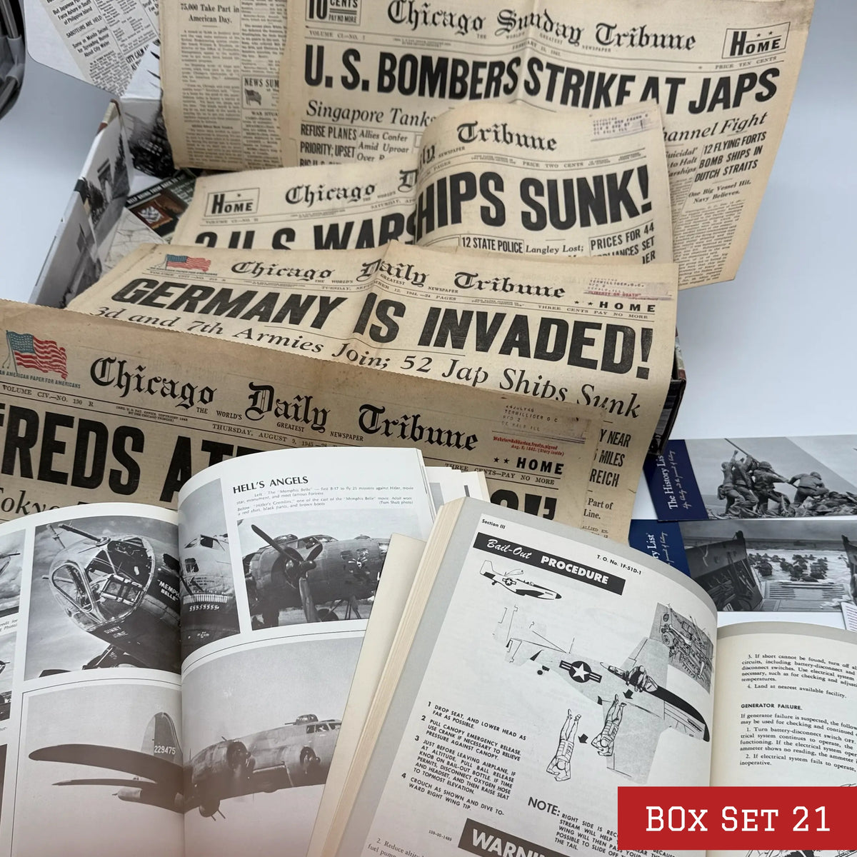 World War II History Box with Publications and Front Pages — Made in America