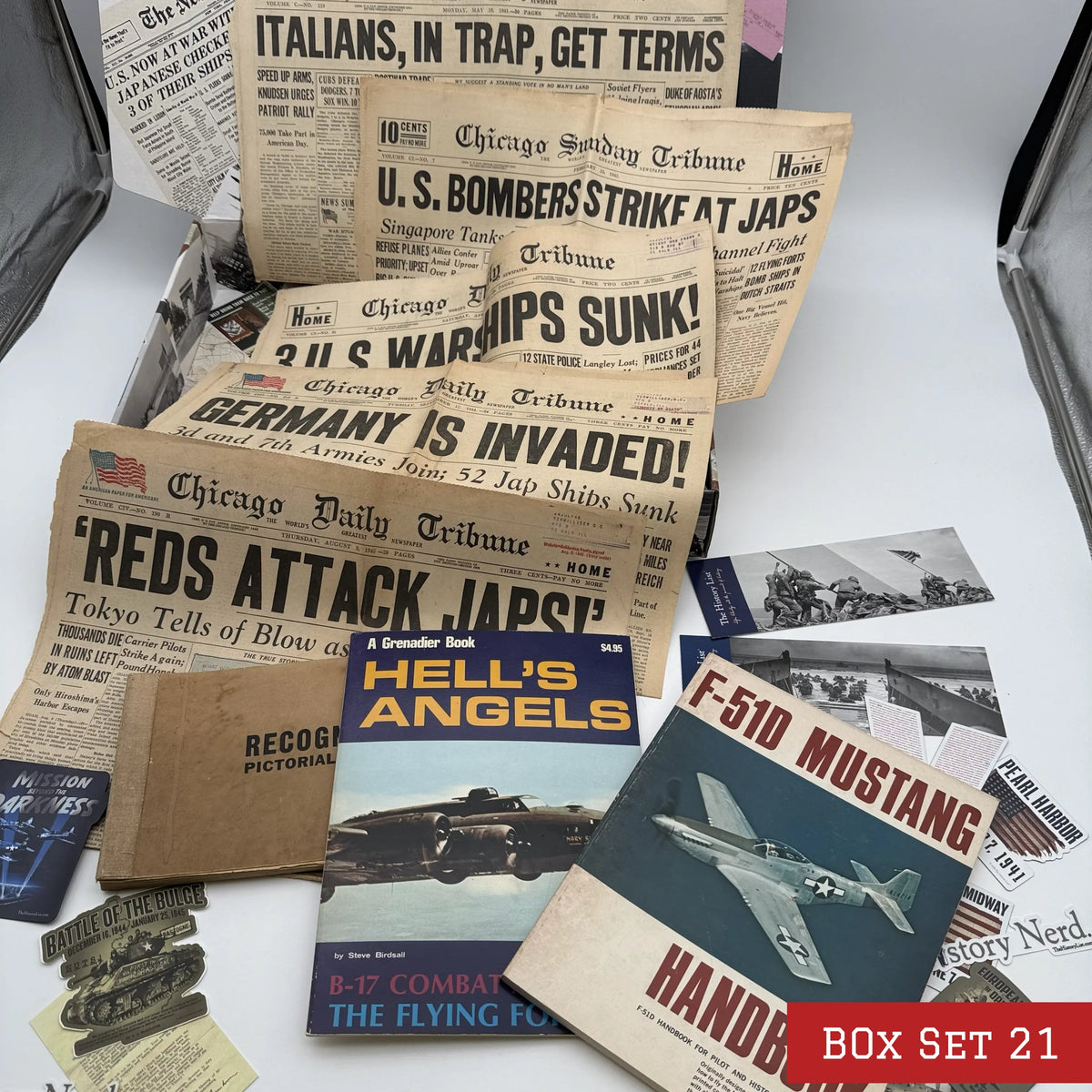 World War II History Box with Publications and Front Pages — Made in America