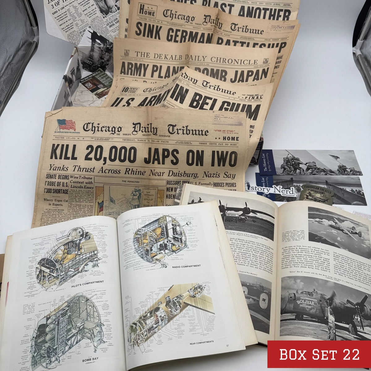 World War II History Box with Publications and Front Pages — Made in America