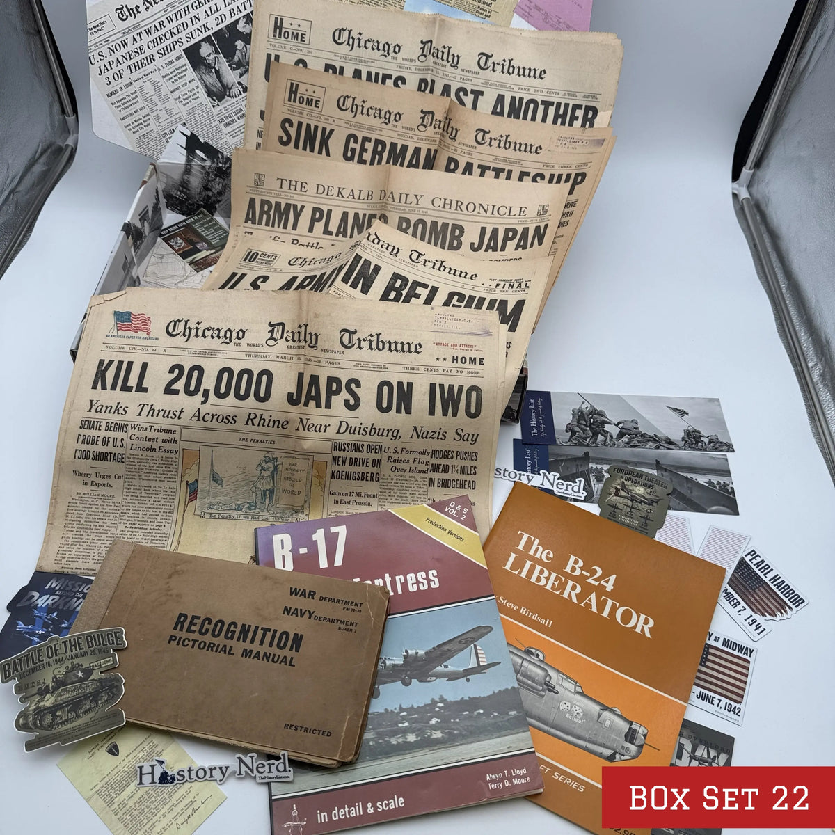 World War II History Box with Publications and Front Pages — Made in America