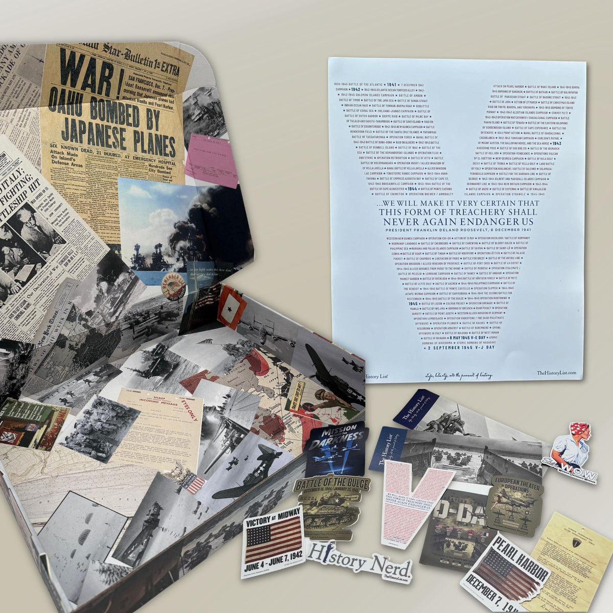 WWII History Box with a small poster stickers, magnets, and bookmarks — Made in America