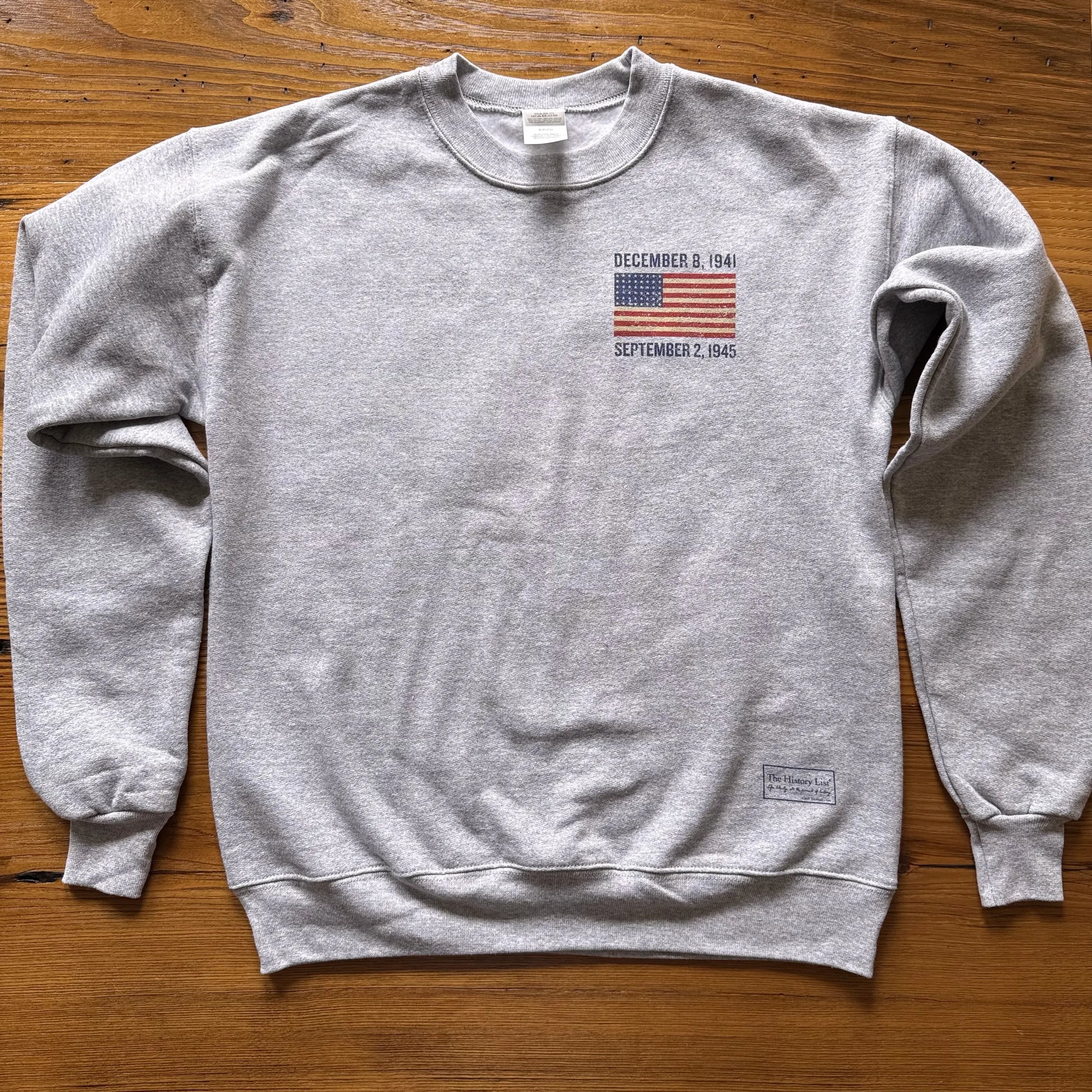 Front view of the WWII Victory 80th Anniversary Crewneck sweatshirt in Heather Grey from The History List Store.