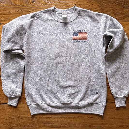 Front view of the WWII Victory 80th Anniversary Crewneck sweatshirt in Heather Grey from The History List Store.