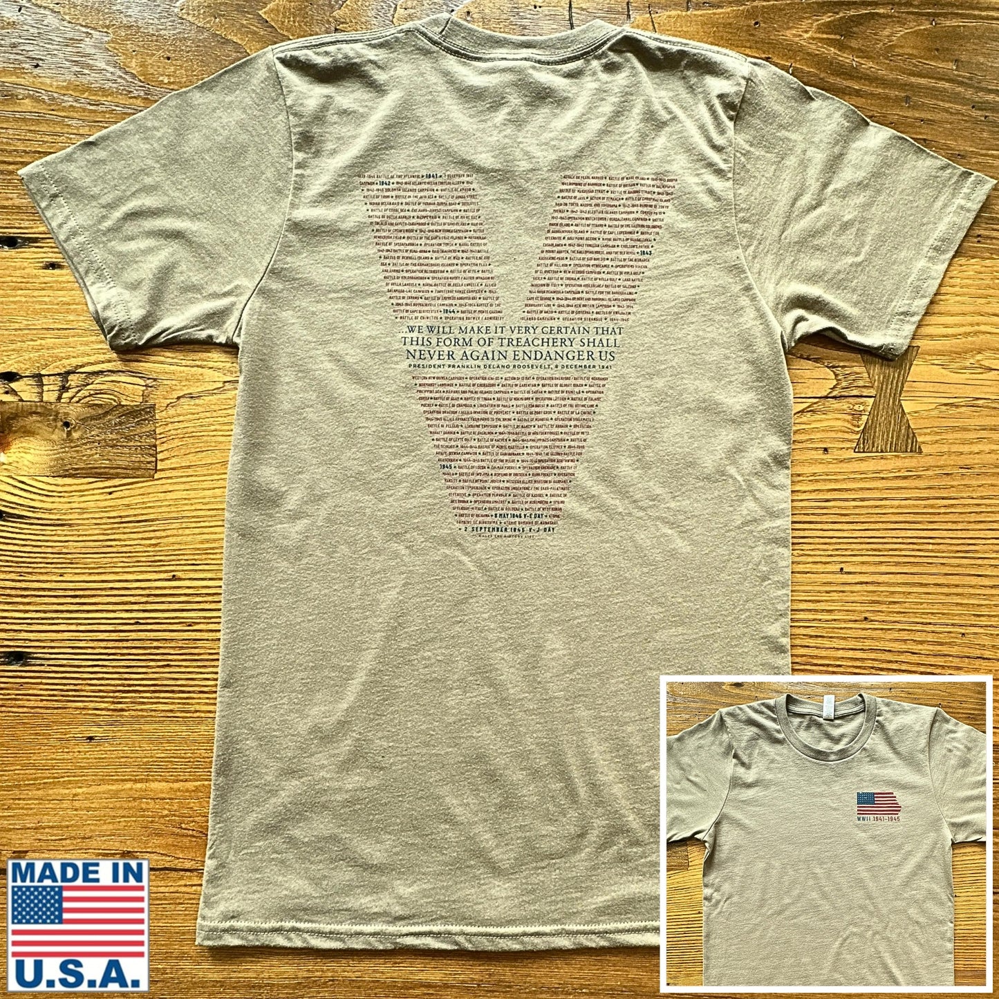 WWII Victory Shirt with all of the battles listed — Made in America in Dark Tan from The History List store