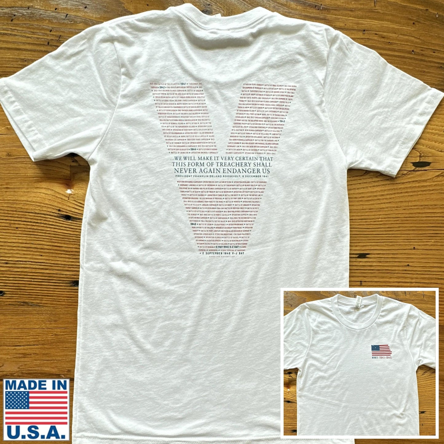 WWII Victory Shirt with all of the battles listed — Made in America in White from The History List store