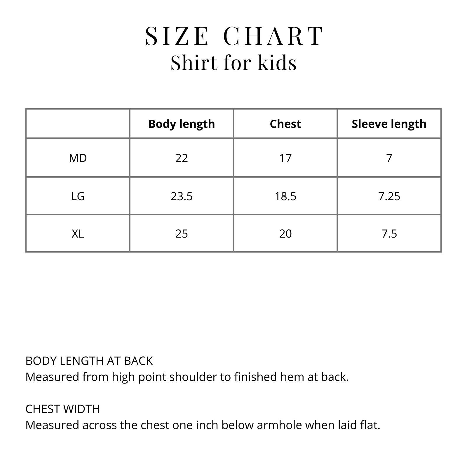 Size chart for shirts in youth sizes from The History List store