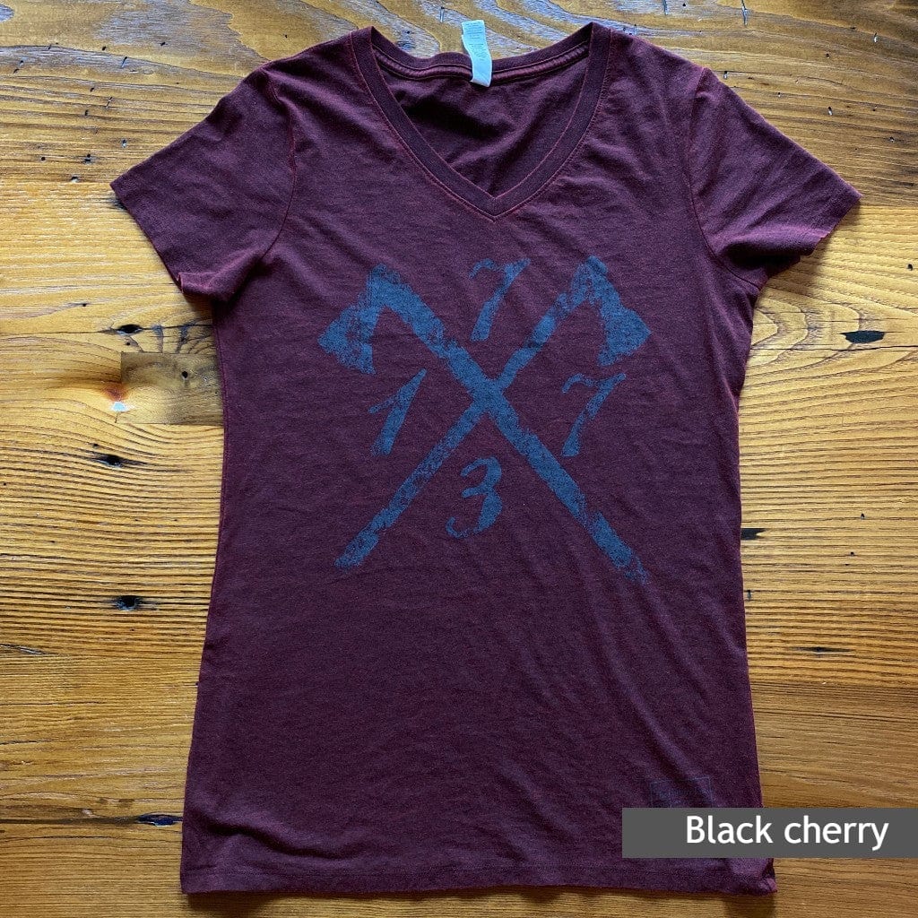 "1773" Boston Tea Party Women's V-neck shirt in Black cherry from The History List store