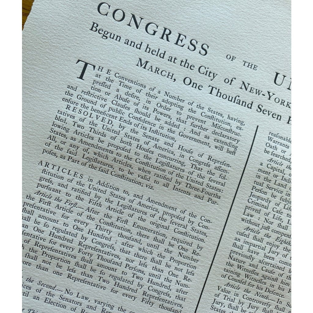 Close-up Text The Bill of Rights originally printed by Bennett Wheeler (Providence, RI) — from the Printing Office of Edes & Gill from the History List Store