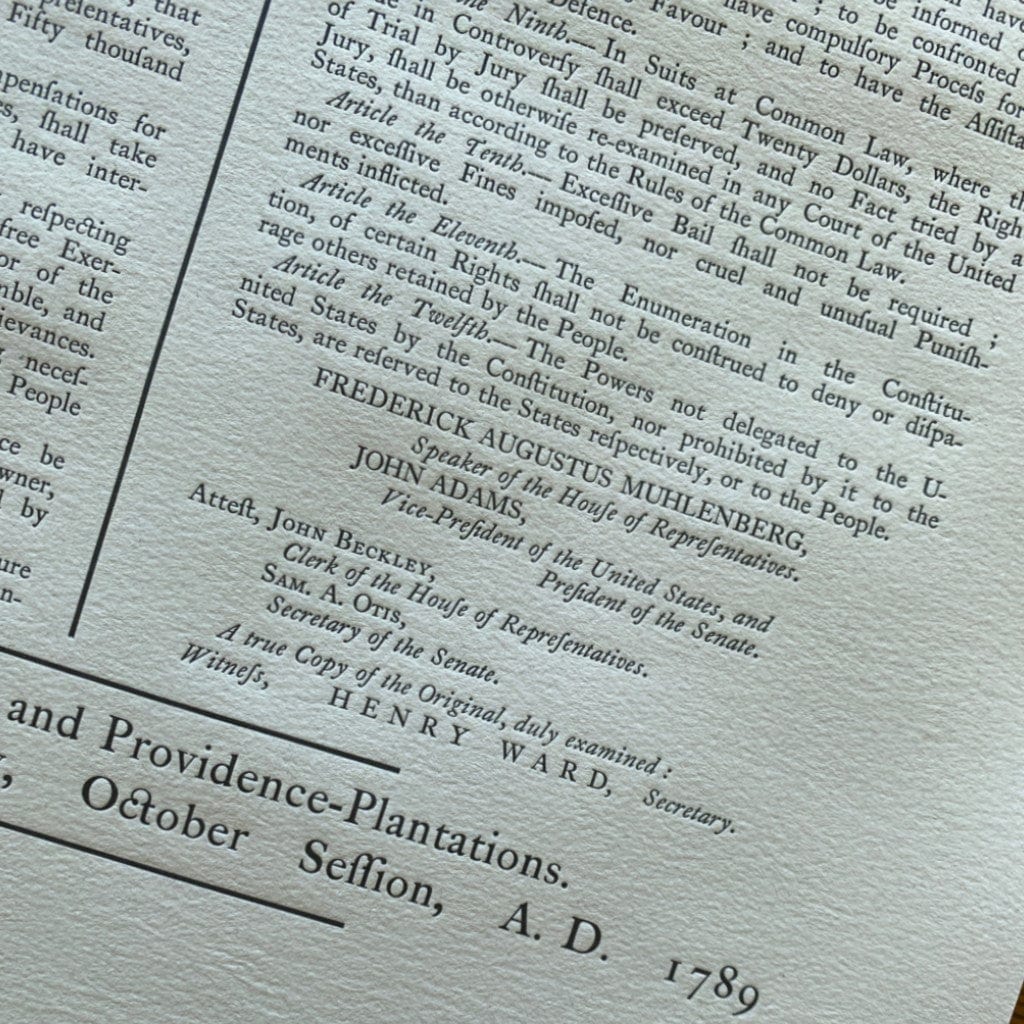 Close-up Print The Bill of Rights originally printed by Bennett Wheeler (Providence, RI) — from the Printing Office of Edes & Gill from the History List Store