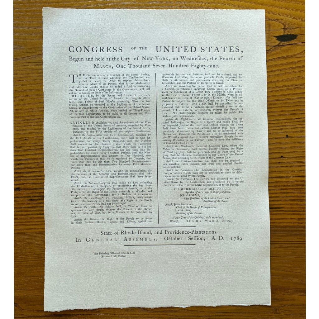 The Bill of Rights originally printed by Bennett Wheeler (Providence, RI) — from the Printing Office of Edes & Gill from the History List Store