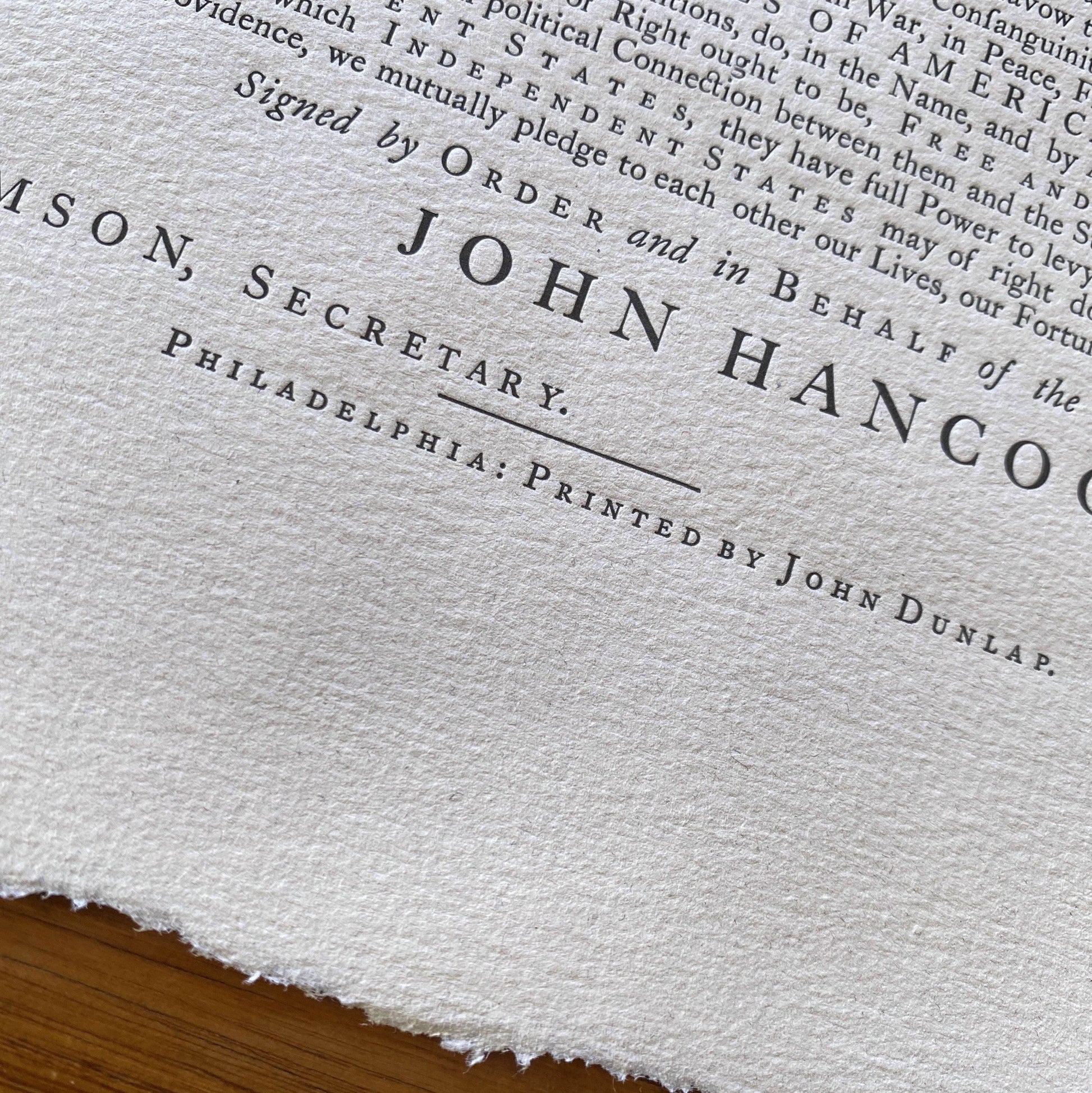 Close-up print of Dunlap broadside of the Declaration of Independence - Three-quarter size from the History List store