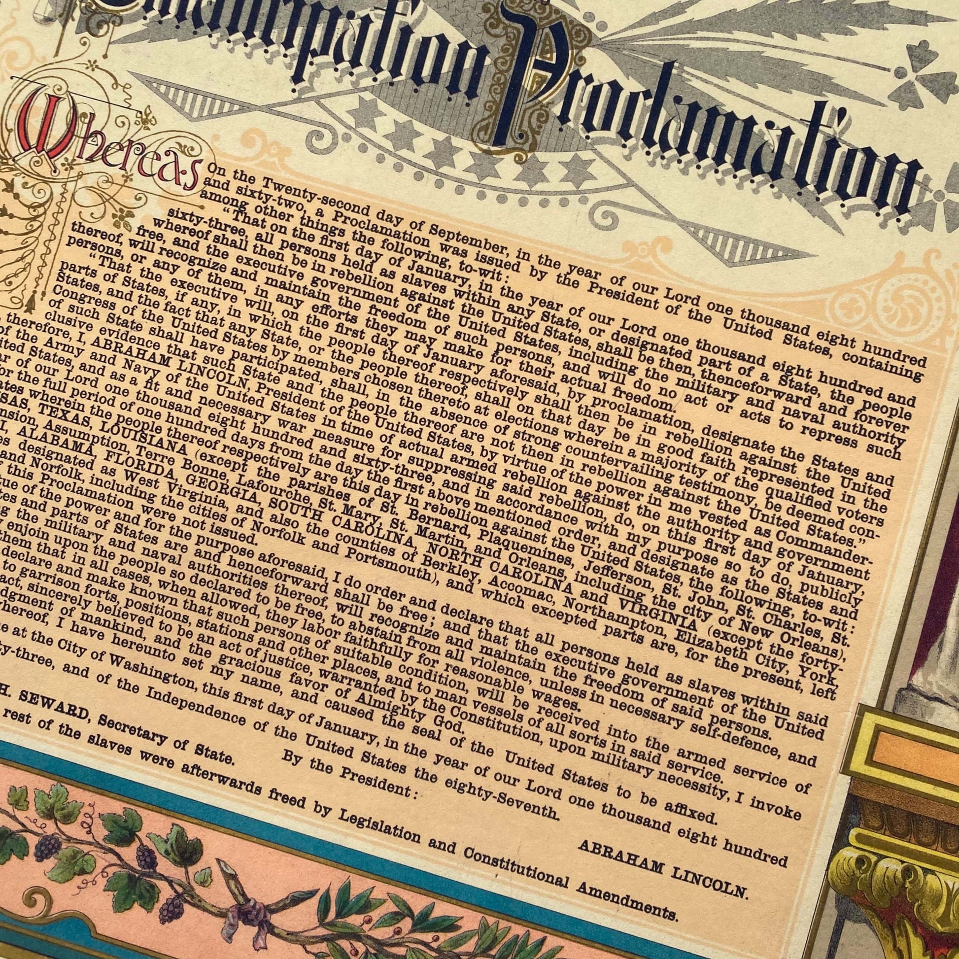 Close-up Text of the Abraham Lincoln and the Emancipation Proclamation — Archival print from the history list store