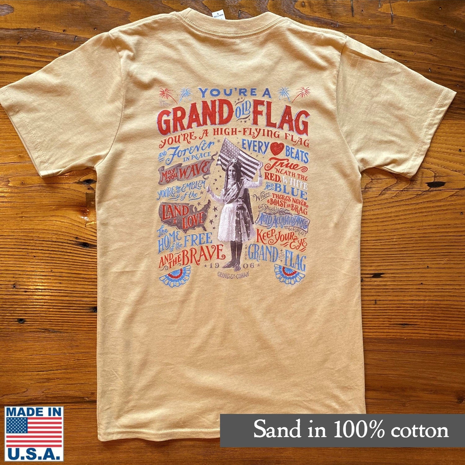 "Grand Old Flag" Shirt Sand color Back design 100% Cotton from The History List Store.