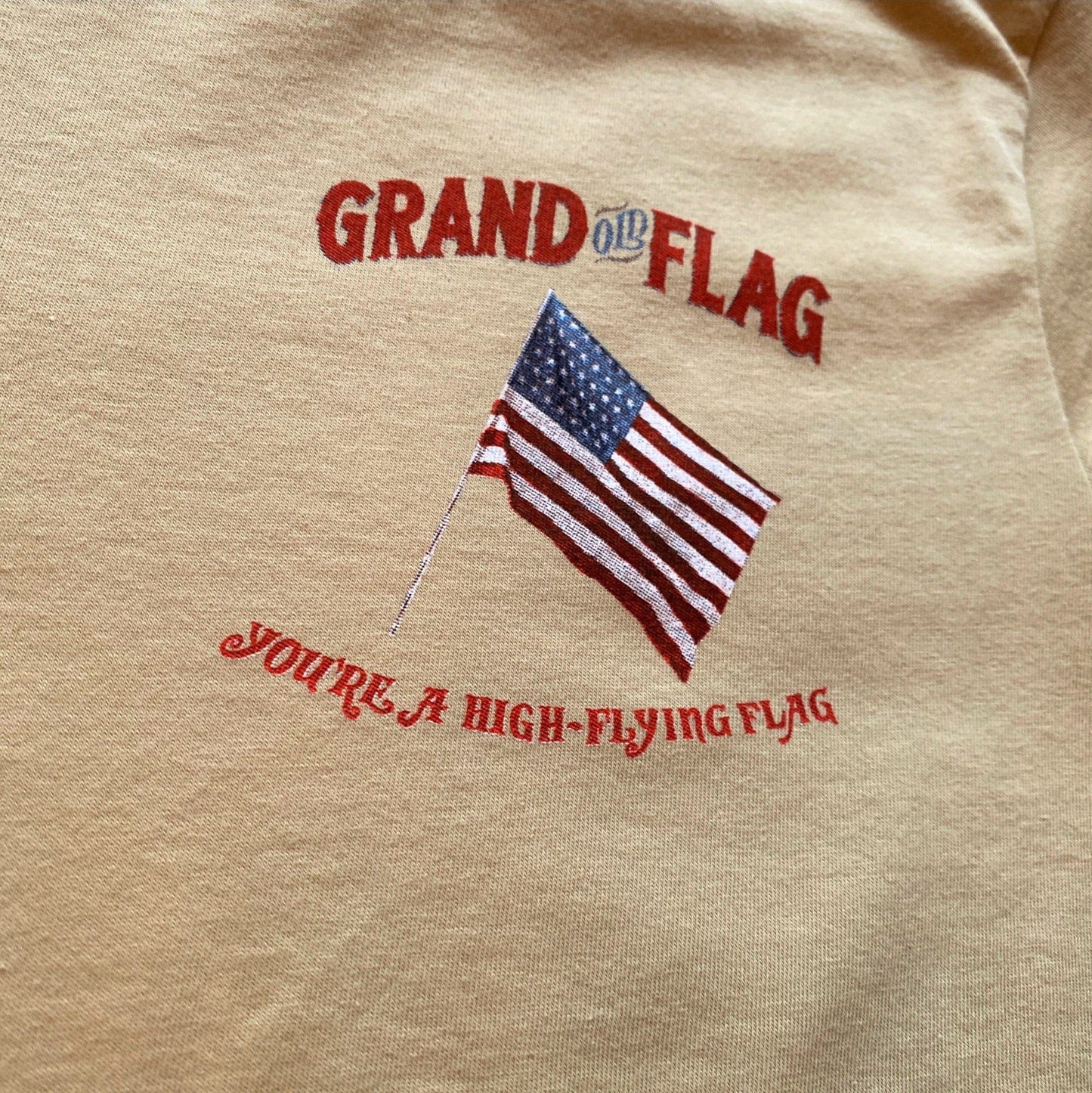 Closeup "Grand Old Flag" Shirt Sand color front flag design from the history list store