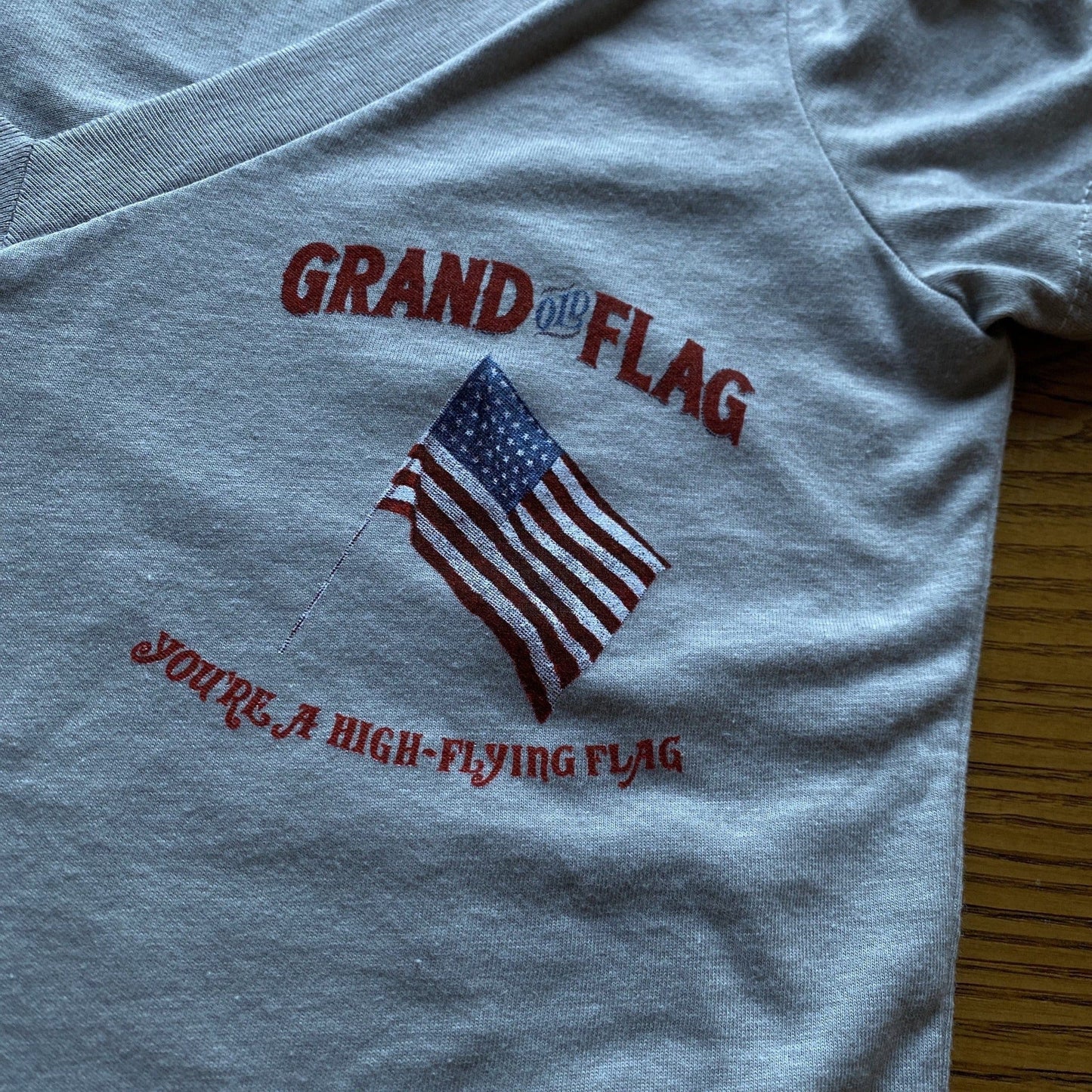 Close-up of "Grand Old Flag" V-neck shirt front design from The History List store