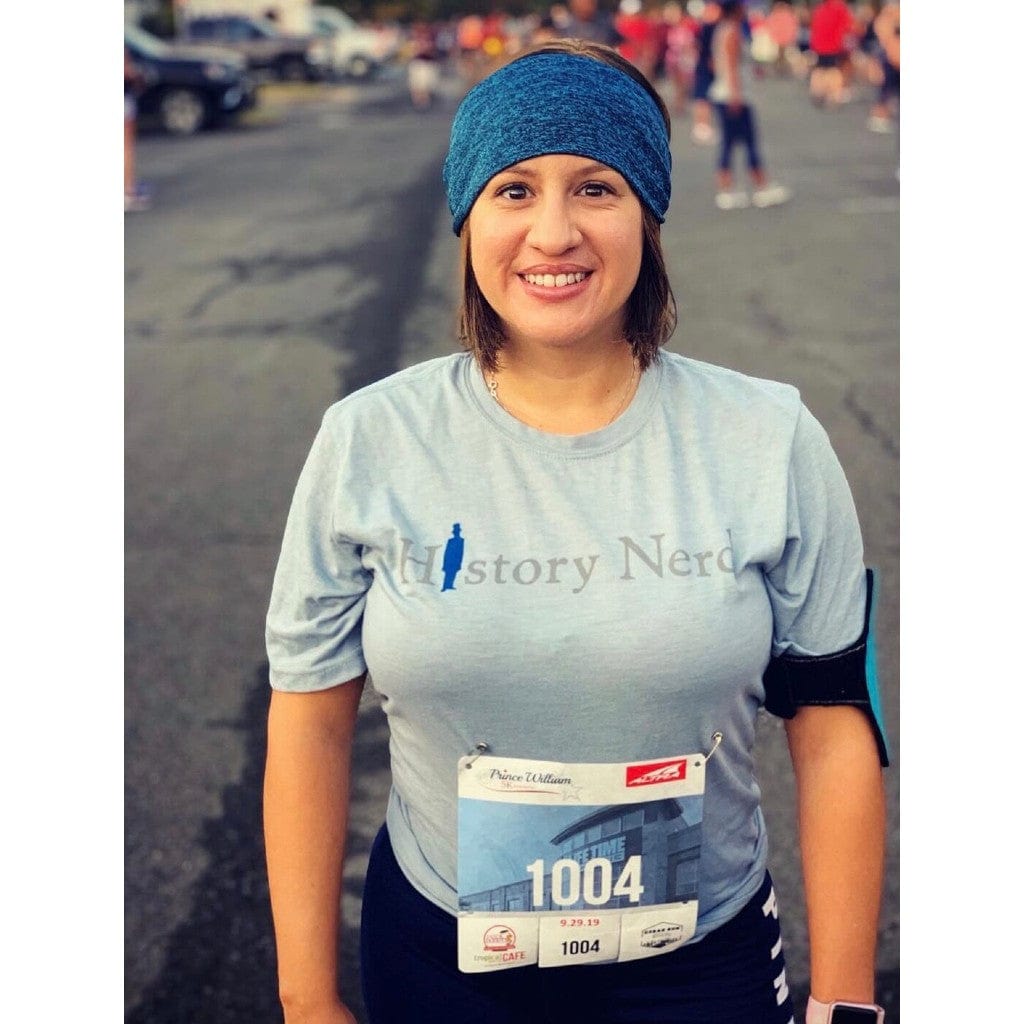 HistoryDame in a "History Nerd" shirt with Abraham Lincoln - Light blue heather from The History List Store