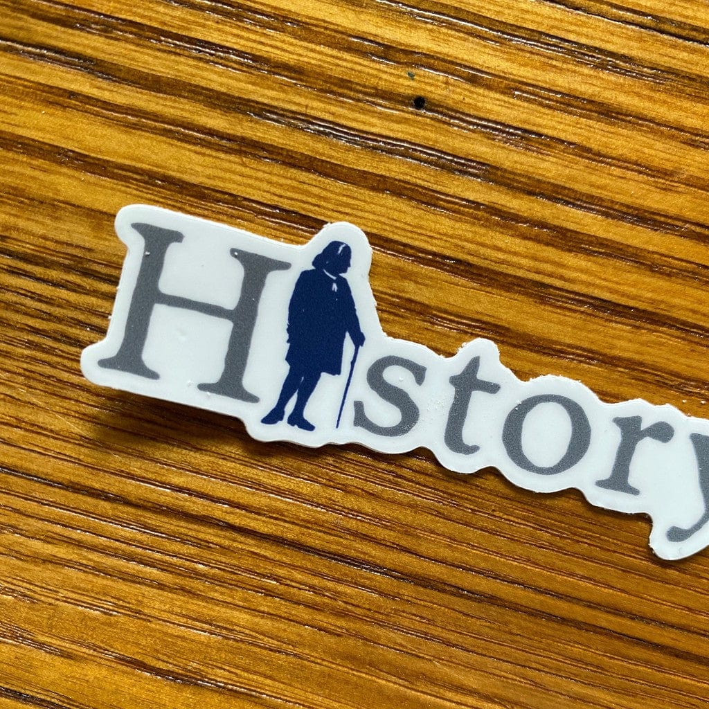 Close-up silhouette of "History Nerd" with Ben Franklin Sticker from the history list store