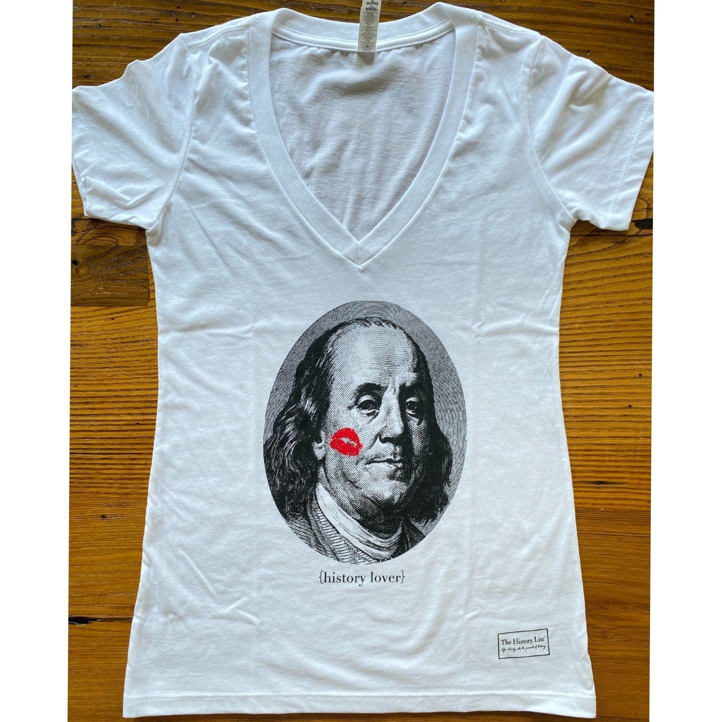 "History Lover" V-neck T-shirt with Ben Franklin from The History List Store