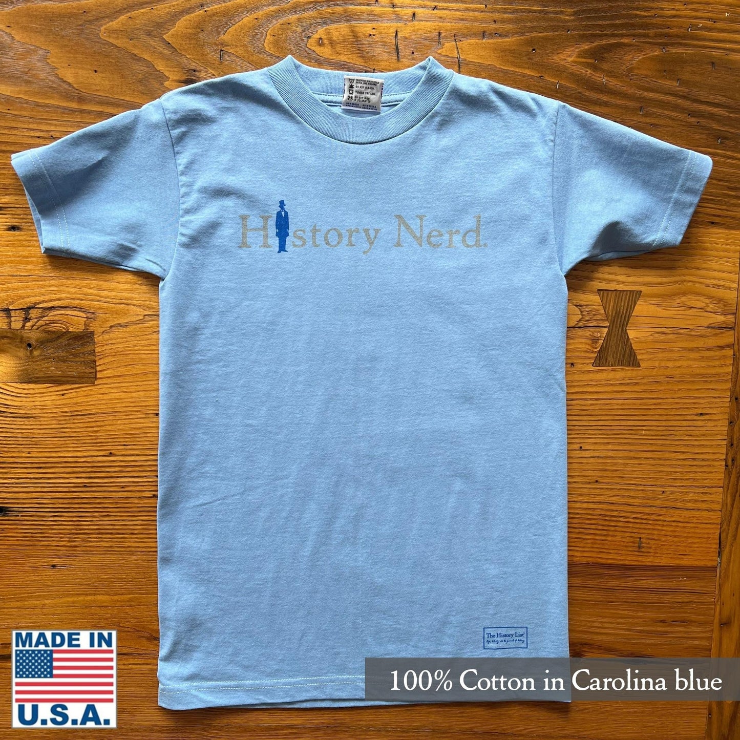 "History Nerd" shirt with Abraham Lincoln in Carolina blue from The History List store