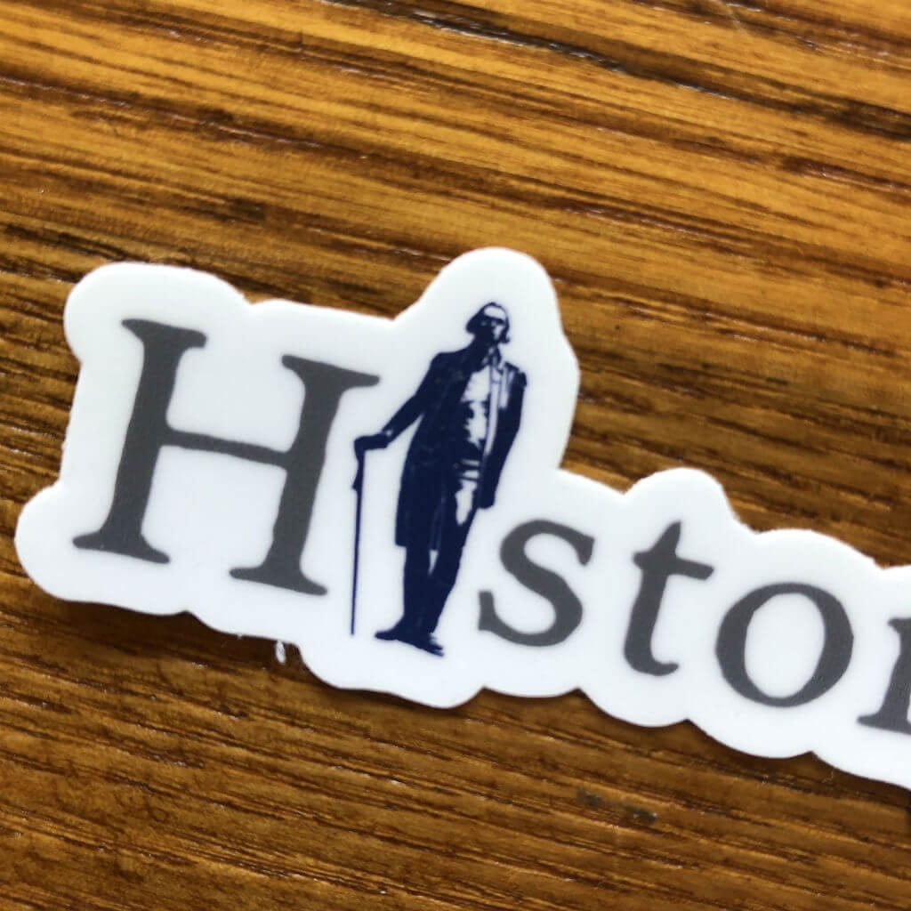 Close-up of "History Nerd" sticker with George Washington from The History List Store