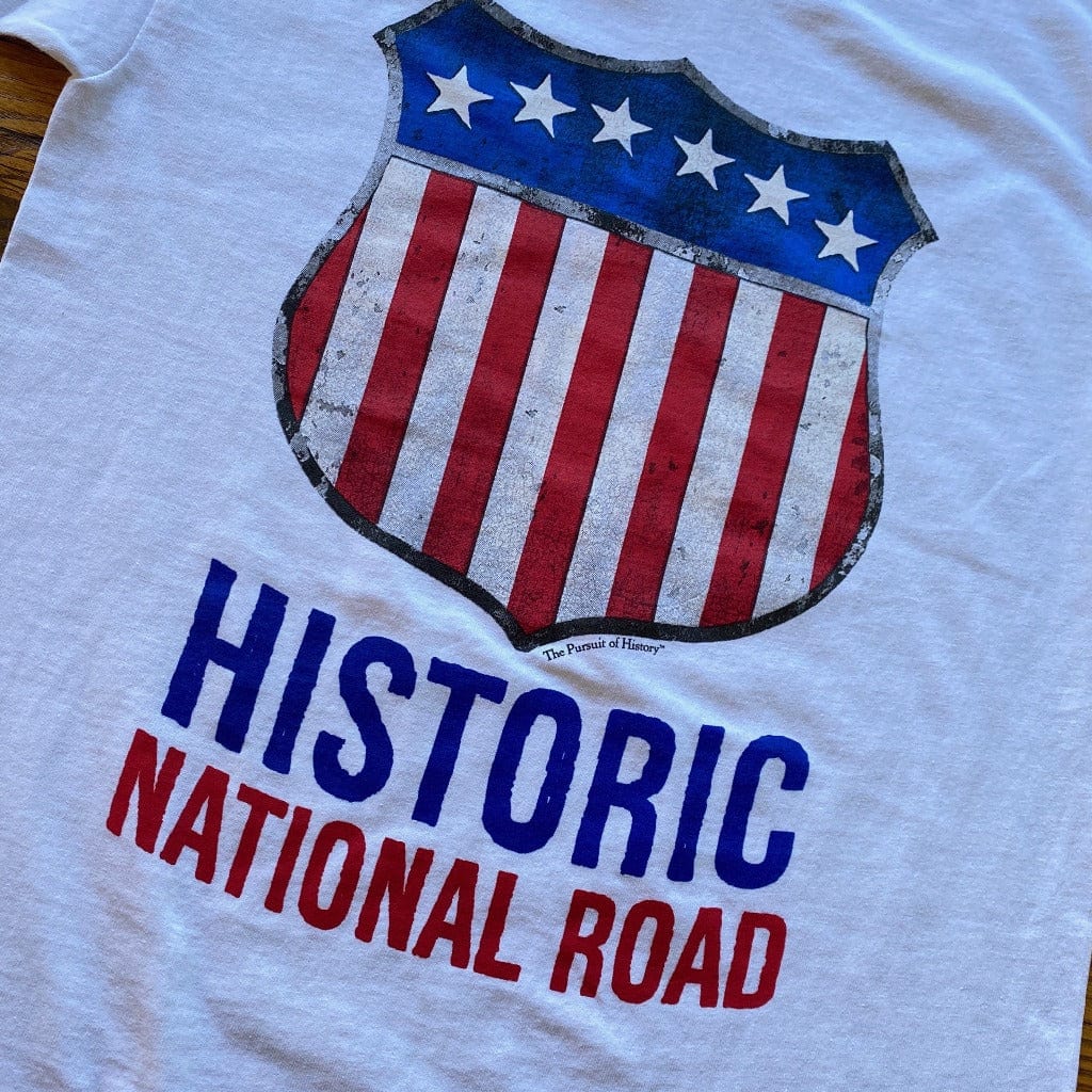 Close-up of "Historic National Road" T-shirt from the history list store