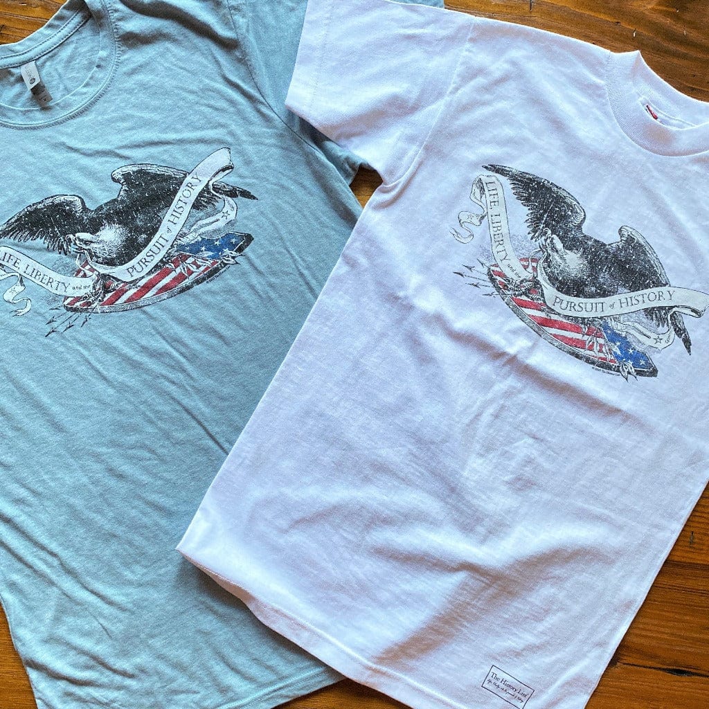 Colored version of "Life Liberty, and the Pursuit of History" shirt with Historic Eagle and Shield Engraving from the history list store