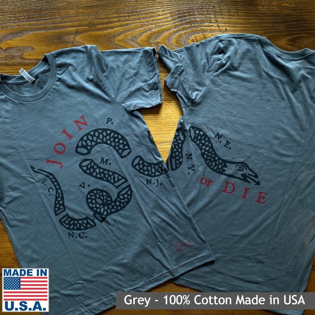 "Join or Die" Shirt Full view from the history list store. Made in the USA.