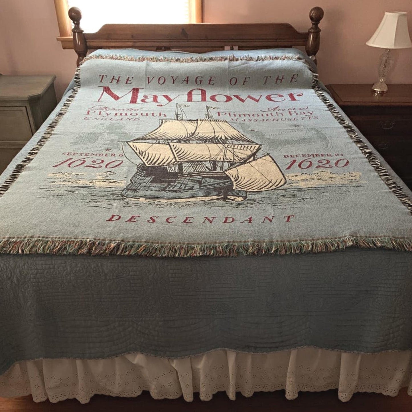 Blanket on Bed - "Voyage of the Mayflower" Blanket woven in the US from the History List Store