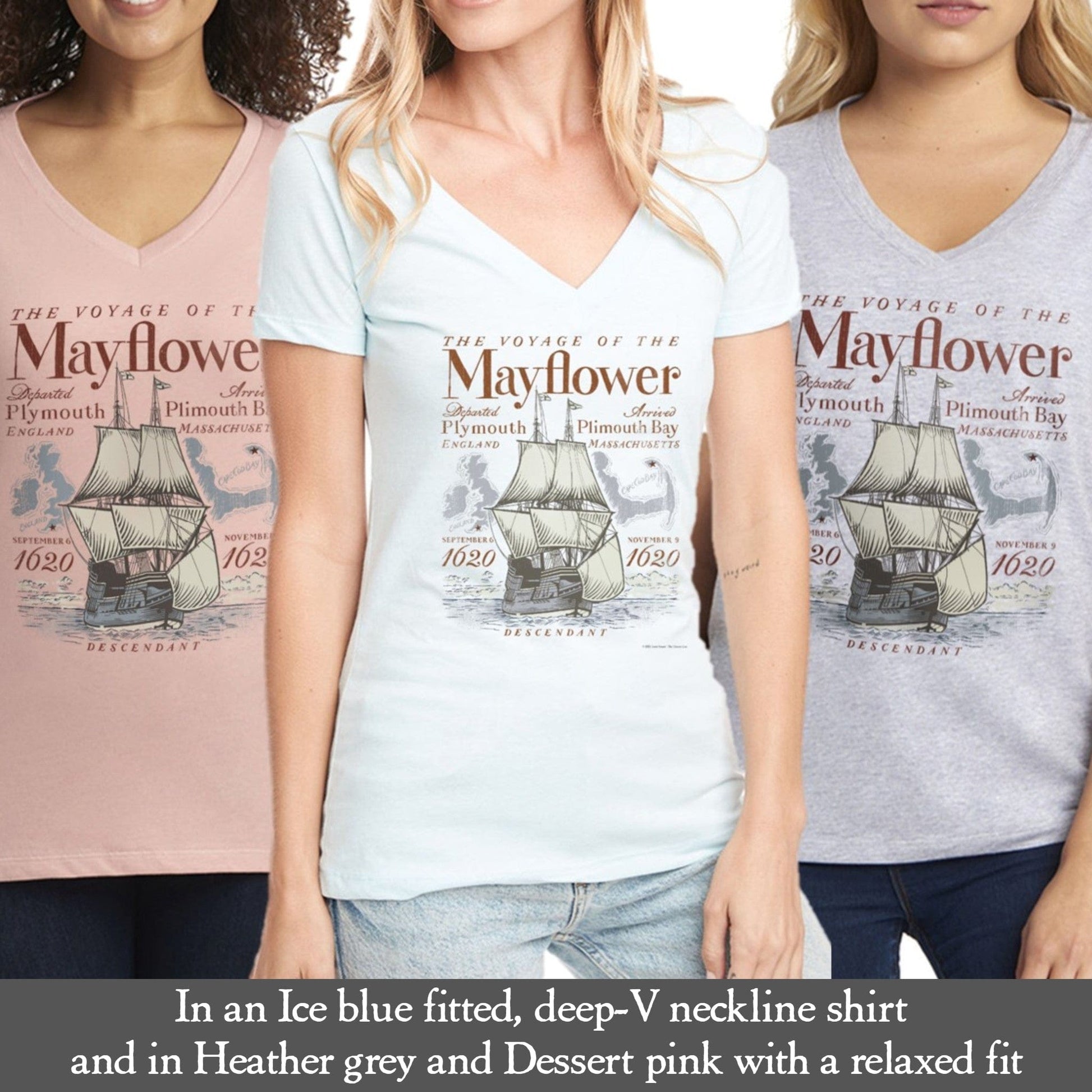 "The Voyage of the Mayflower" Women's v-neck shirt from the history list store