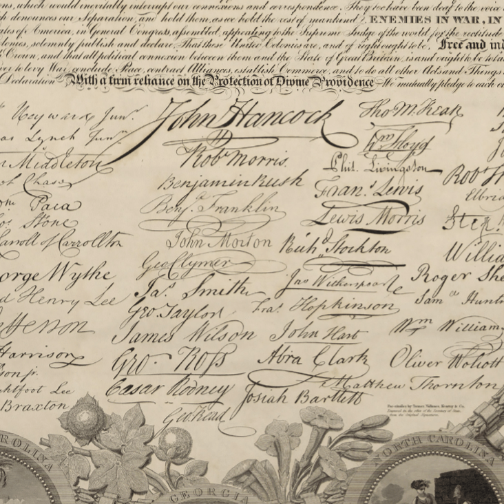 Close-up Signatures of Signers of Declaration of Independence | Historic "Declaration of Independence" Engraving by publisher John Binns as a small poster from the history list store