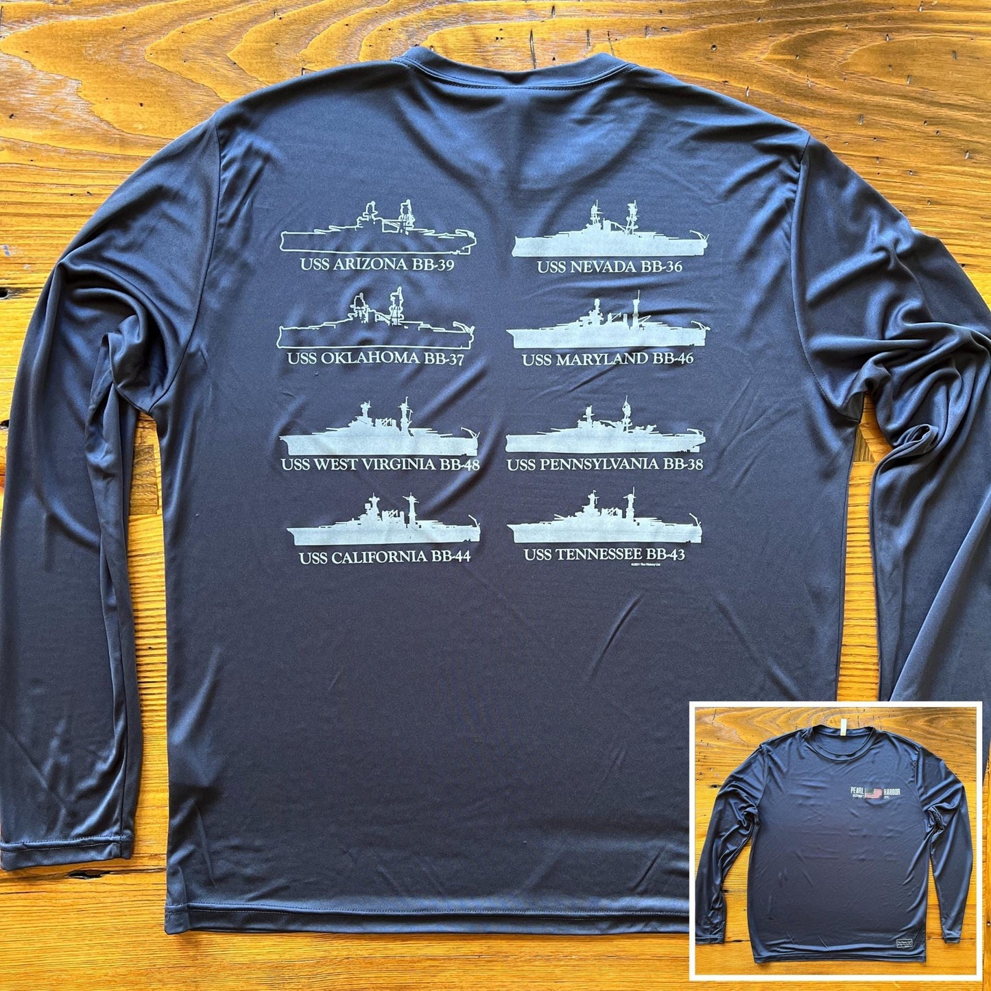 Mens Cut | Pearl Harbor “Battleship Row” on moisture-wicking 100% polyester interlock with SPF 40+ UV protection - Long-sleeve from the History List Store