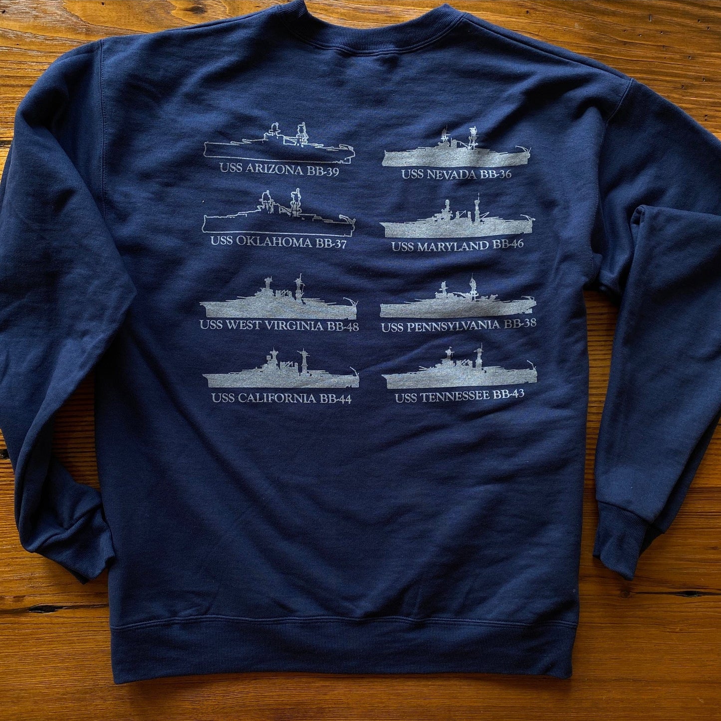 Back of the Pearl Harbor “Battleship Row” Crewneck sweatshirt from the History List Store