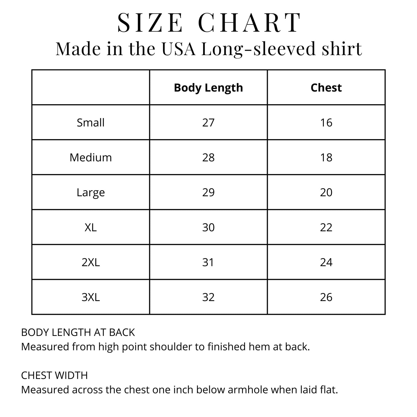 Size chart for Made in the USA long-sleeved shirts from The History List store