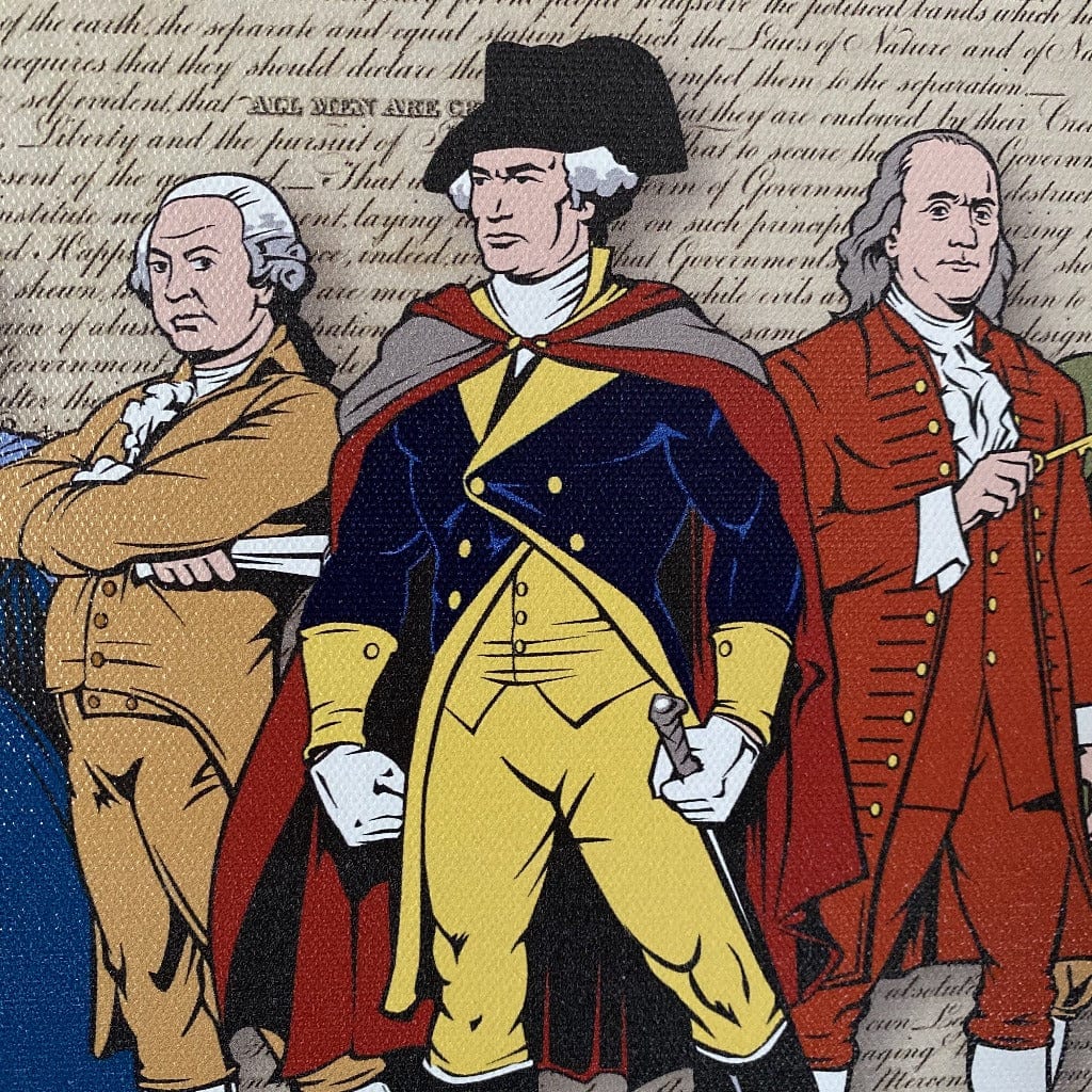 Close-up Washington Revolutionary Superheroes and the Declaration of Independence on canvas with a gallery wrap from the History List Store