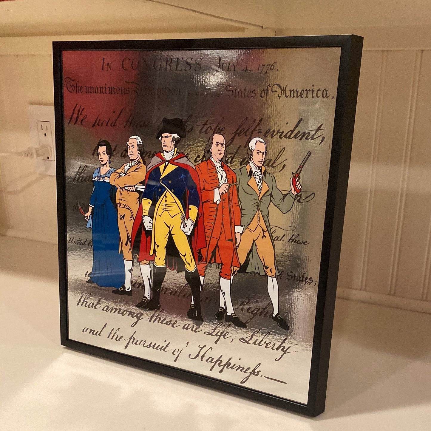 "Revolutionary Superheroes and the Declaration of Independence" Mirrored print - Shown framed from the history list store