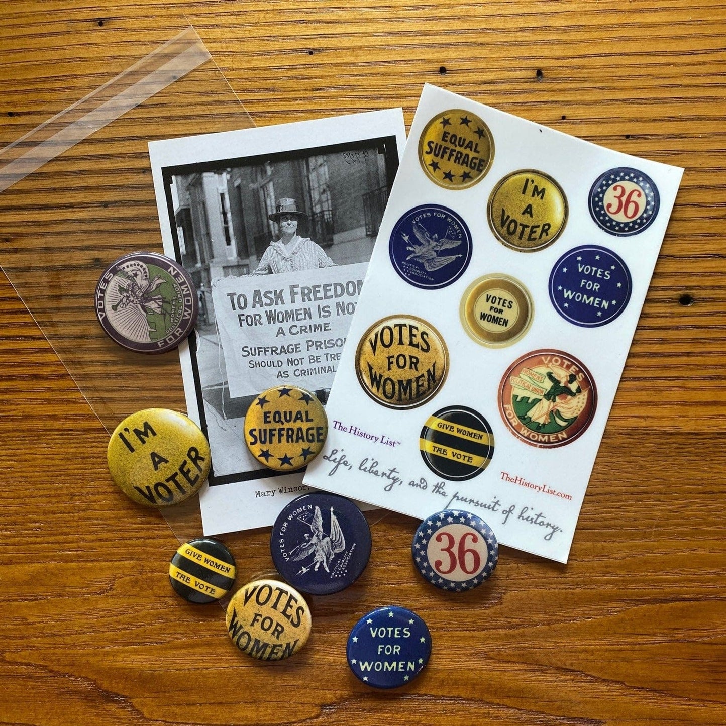 Suffrage Campaign historical button pins and sticker sheet bundle from the History List Store