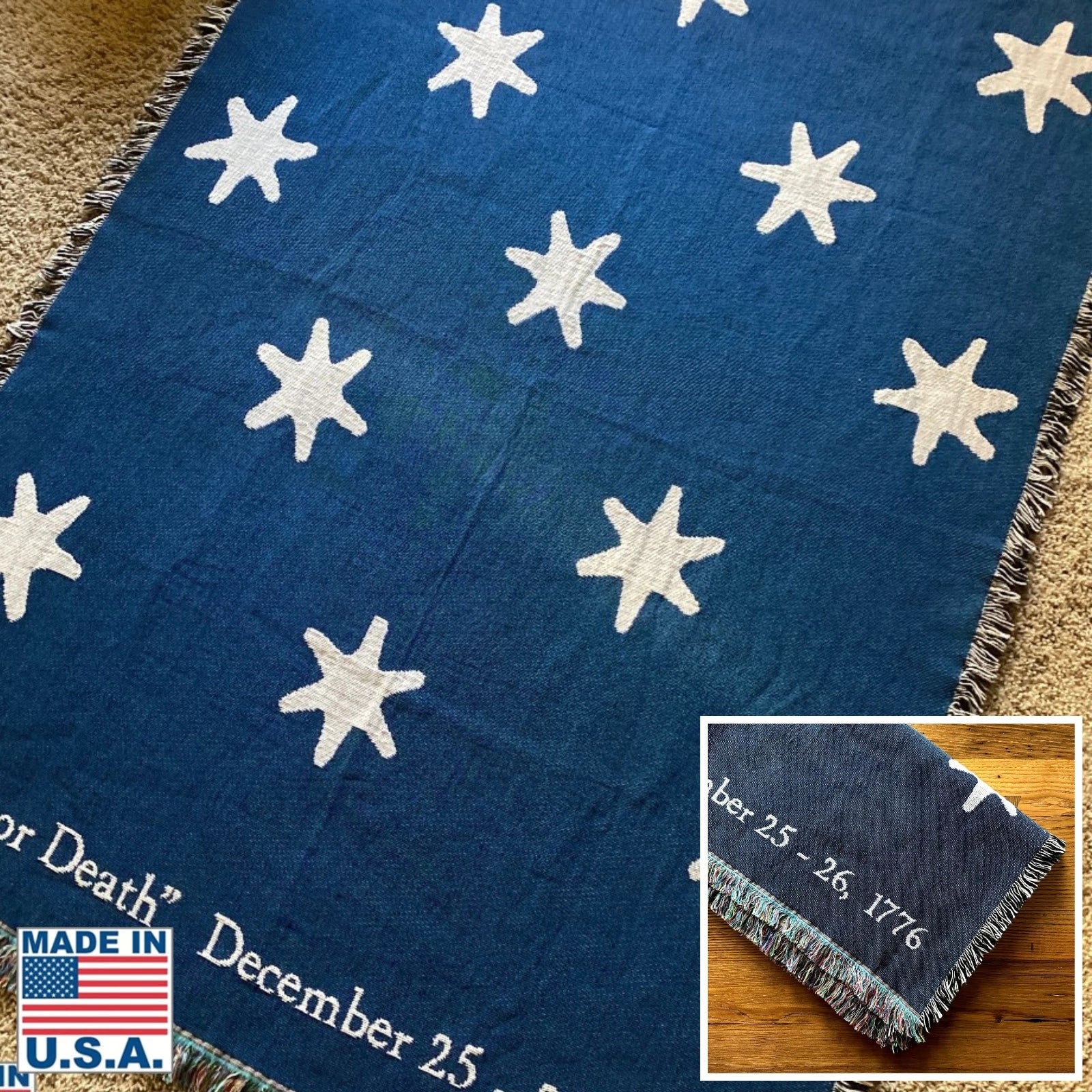 "Victory" blanket woven in the US showing the stars from Washington's HQs flag from The History List store