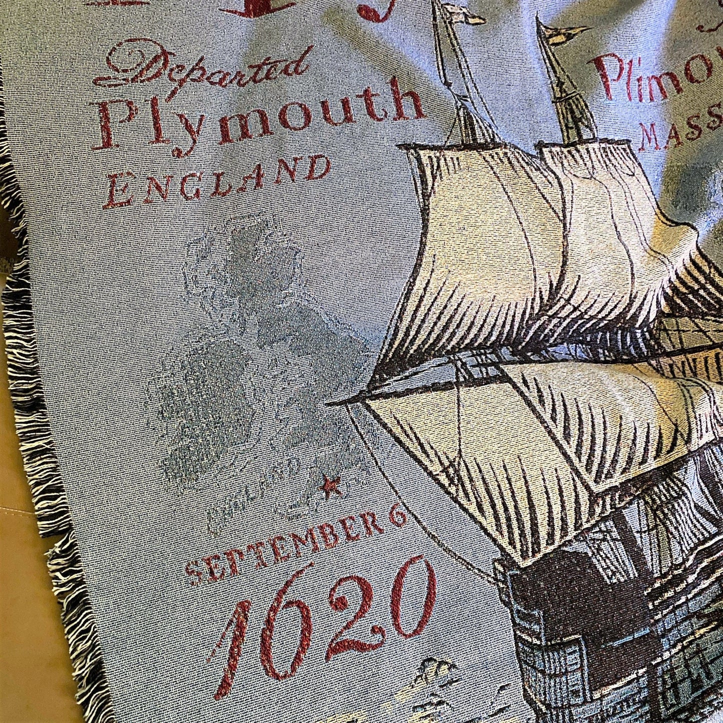 Close-up "Voyage of the Mayflower" Blanket woven in the US from the History List Store