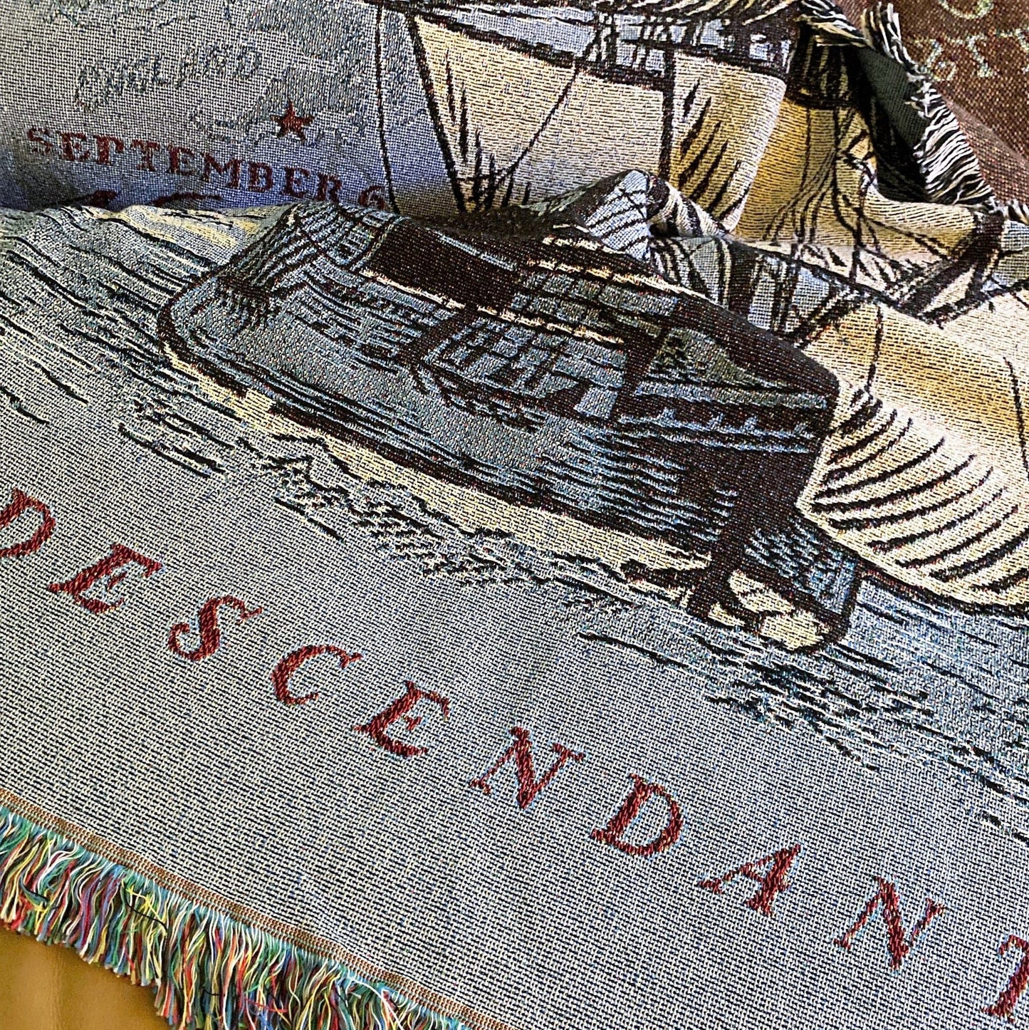Close-up "Voyage of the Mayflower" Blanket woven from the History List Store - Made in the USA