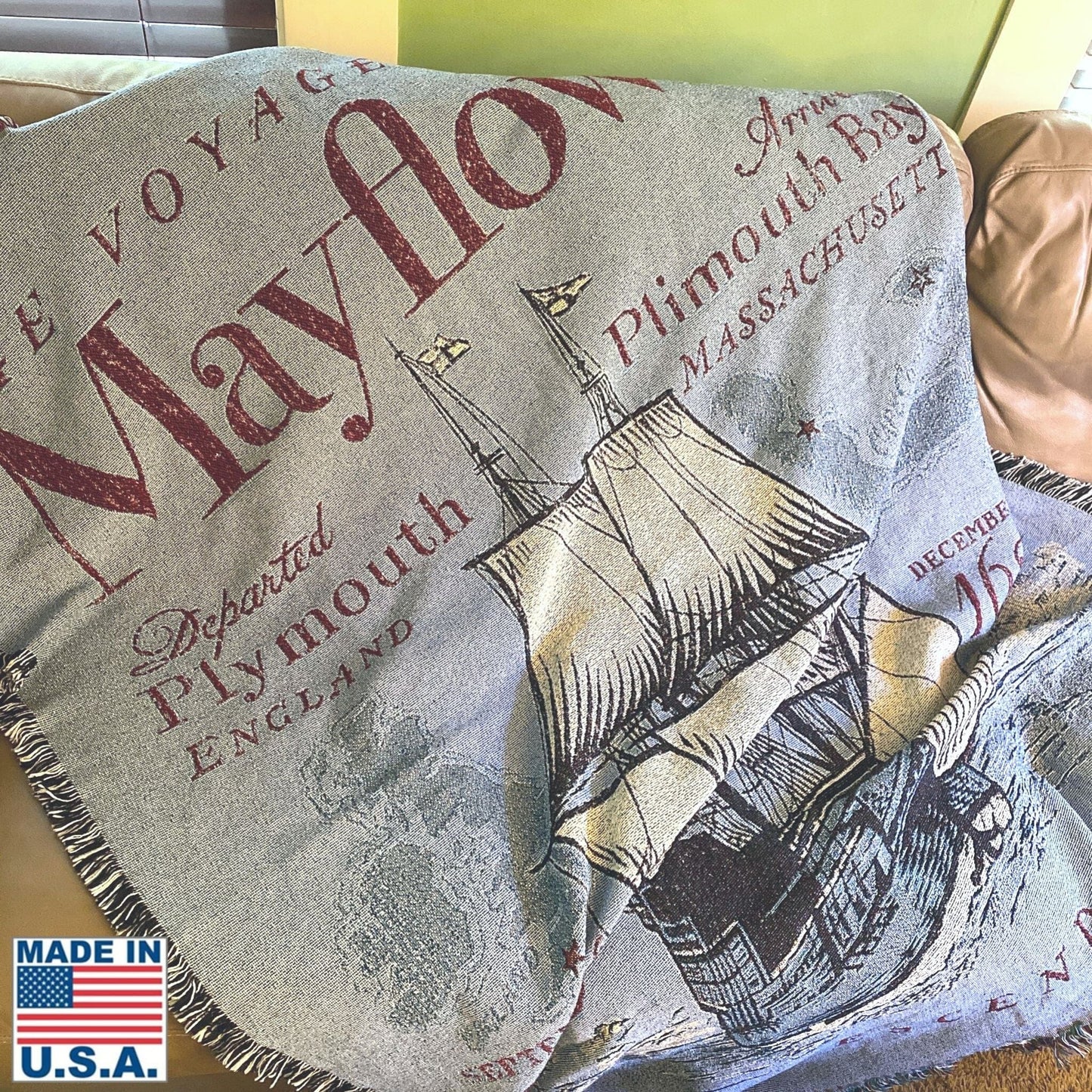 Close-up "Voyage of the Mayflower" Blanket woven in the US from the History List Store