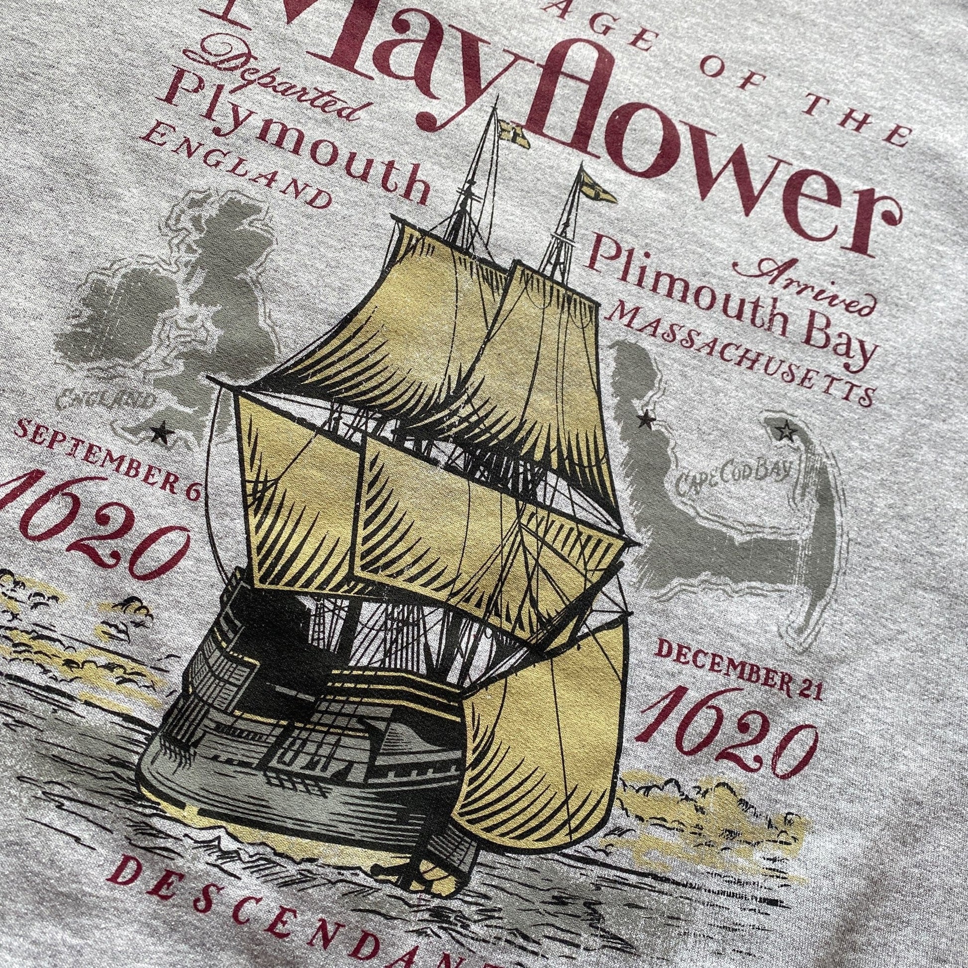 Close-up of "The Voyage of the Mayflower" Crewneck sweatshirt from the History List Store