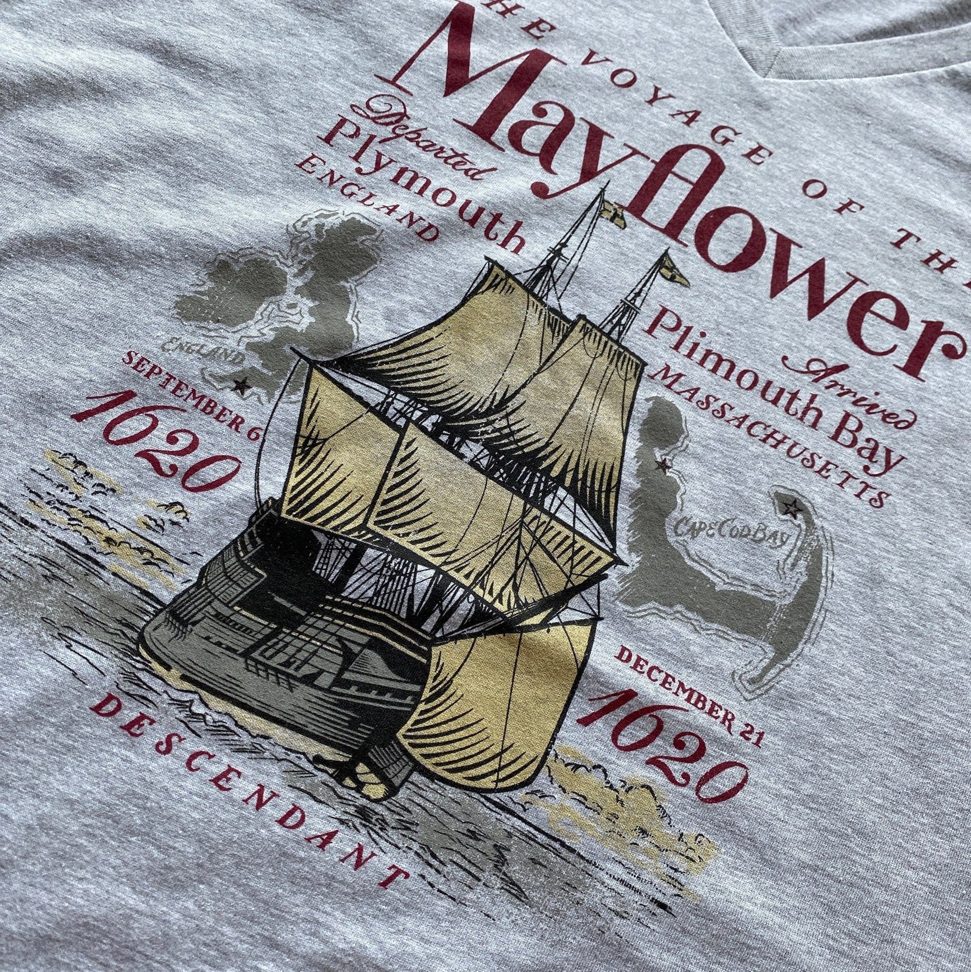 Close-up Grey "The Voyage of the Mayflower" Women's v-neck shirt from the history list store