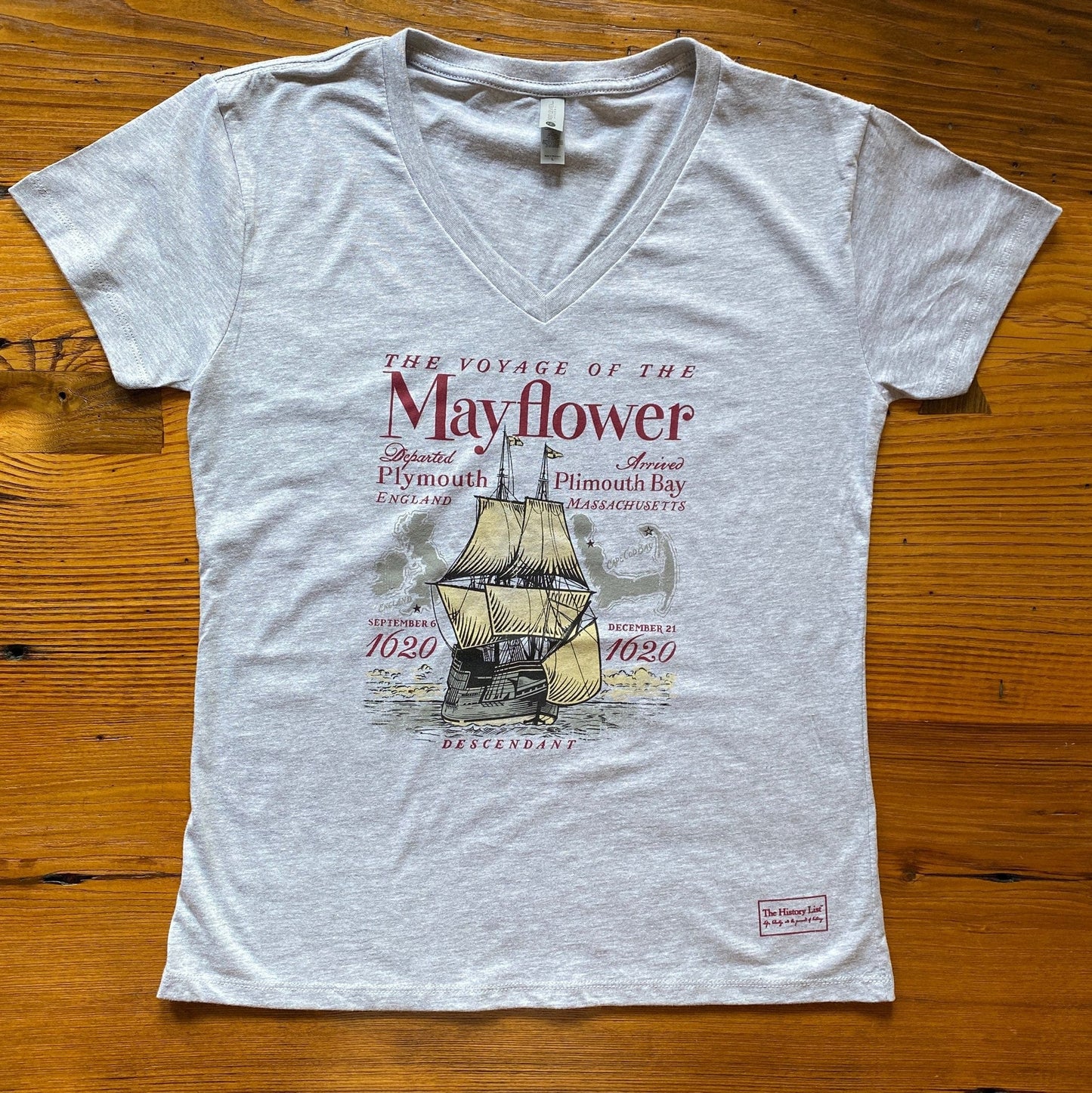 Grey "The Voyage of the Mayflower" Women's v-neck shirt from the history list store