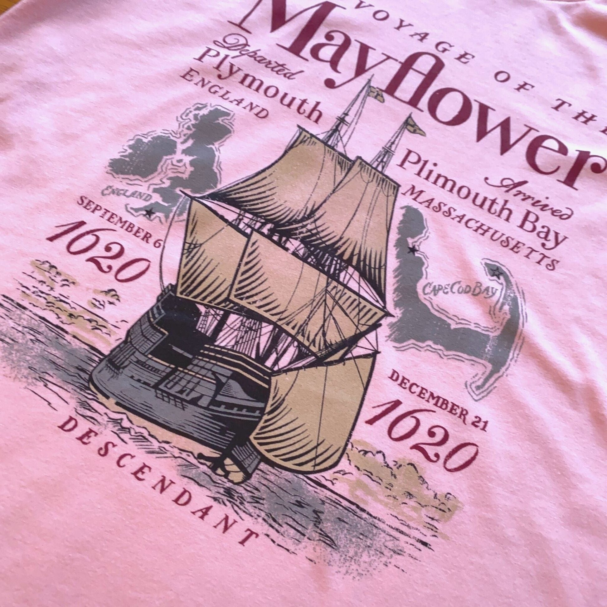 Close-up Light Pink "The Voyage of the Mayflower" Shirt in Youth sizes from the history list store