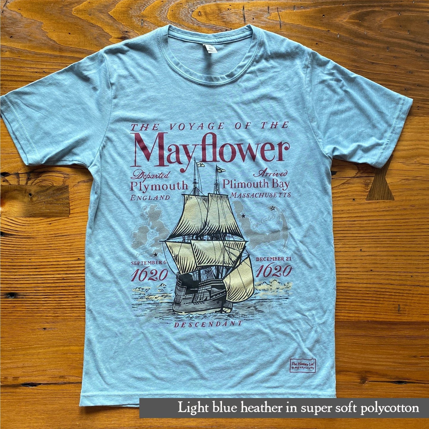 Light Blue Heather - "The Voyage of the Mayflower" Shirt from the history list store