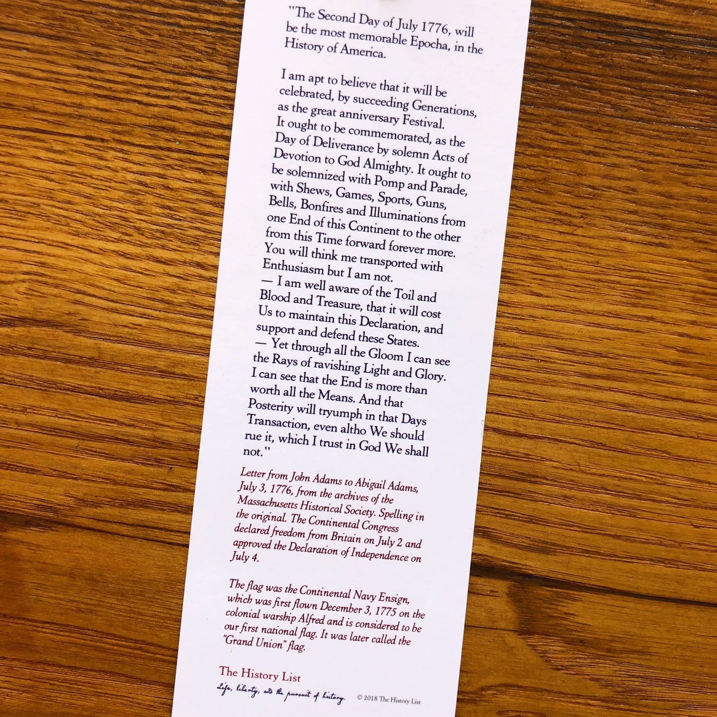Back of "We hold these truths - July 4, 1776” Bookmark with tassel from The History List store
